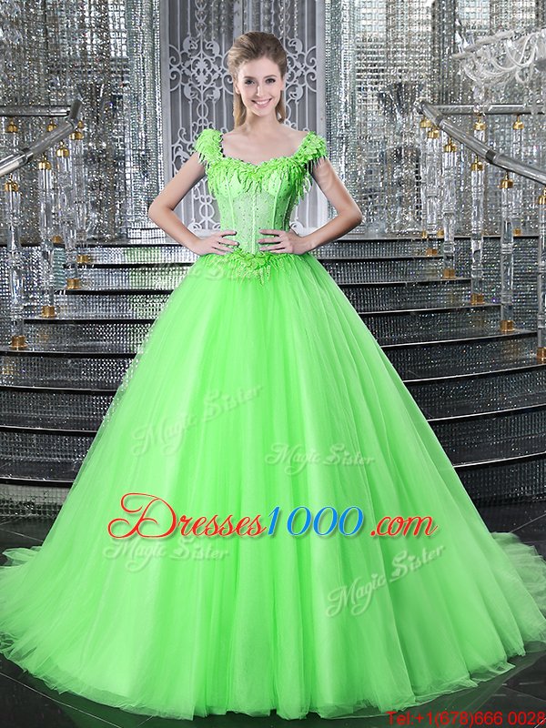 Apple Green Lace Up Scoop Appliques Ball Gown Prom Dress Tulle and Lace Long Sleeves