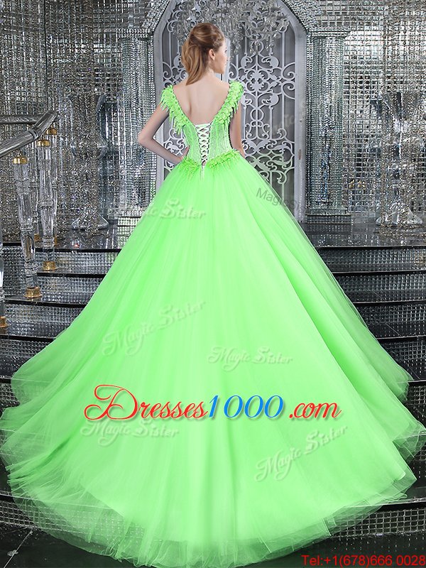 Apple Green Lace Up Scoop Appliques Ball Gown Prom Dress Tulle and Lace Long Sleeves