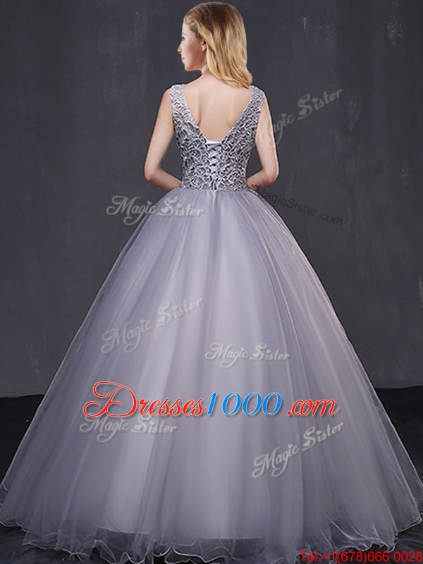 Custom Made Grey Quince Ball Gowns Military Ball and Sweet 16 and Quinceanera and For with Appliques Sleeveless Lace Up