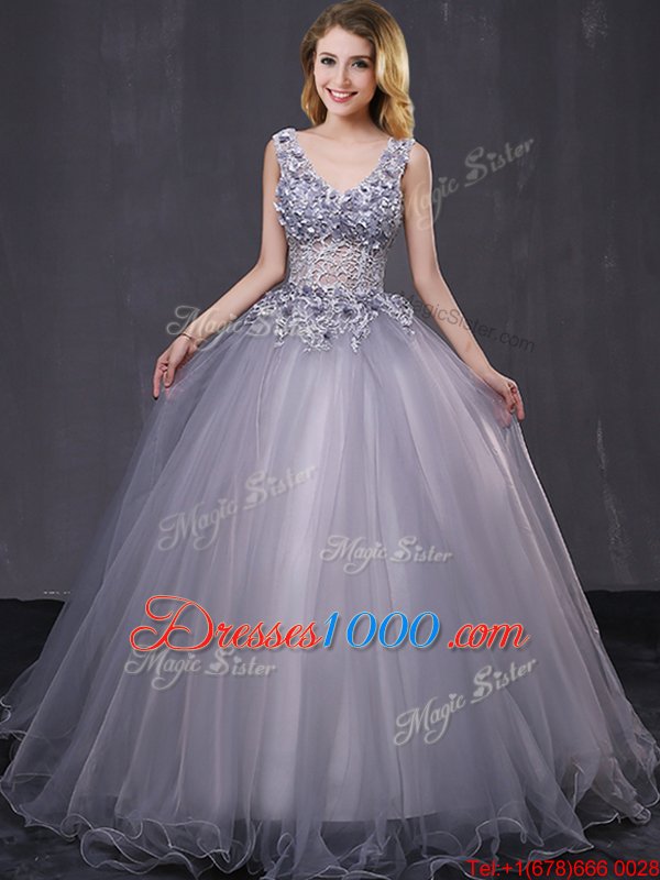 Custom Made Grey Quince Ball Gowns Military Ball and Sweet 16 and Quinceanera and For with Appliques Sleeveless Lace Up