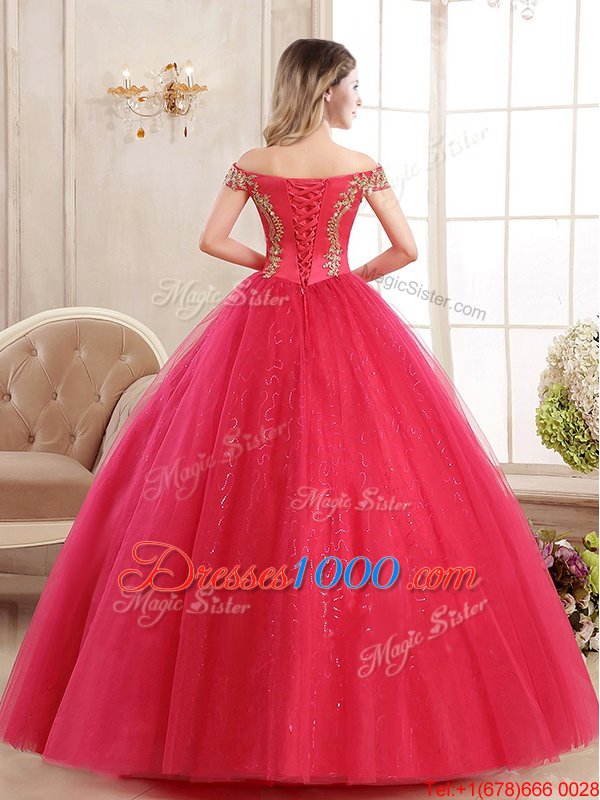Hot Selling Off the Shoulder Red Sleeveless Floor Length Appliques and Sequins Lace Up 15 Quinceanera Dress
