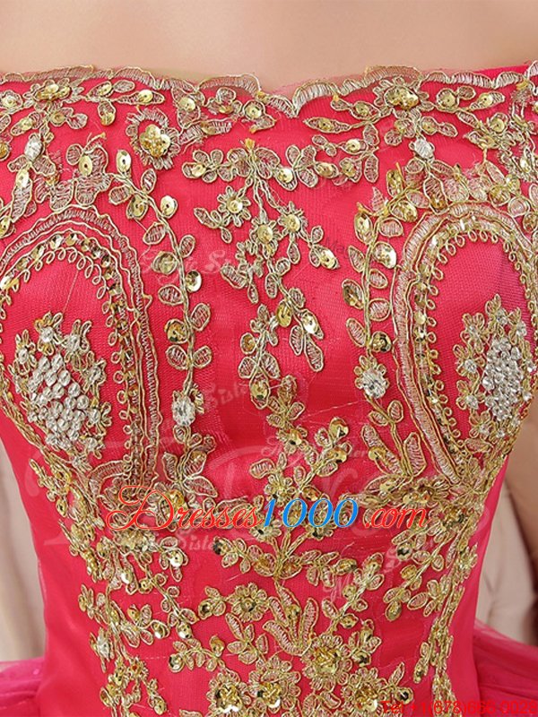 Hot Selling Off the Shoulder Red Sleeveless Floor Length Appliques and Sequins Lace Up 15 Quinceanera Dress