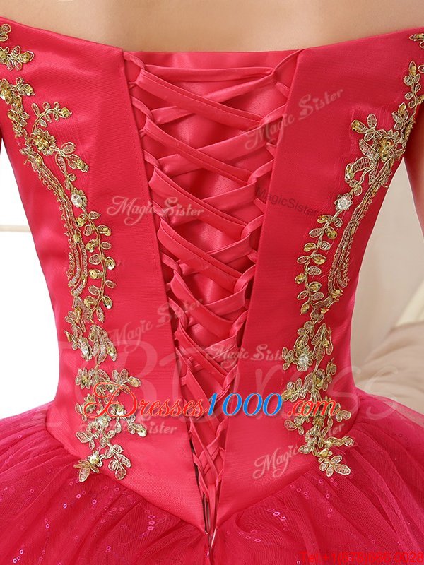 Hot Selling Off the Shoulder Red Sleeveless Floor Length Appliques and Sequins Lace Up 15 Quinceanera Dress