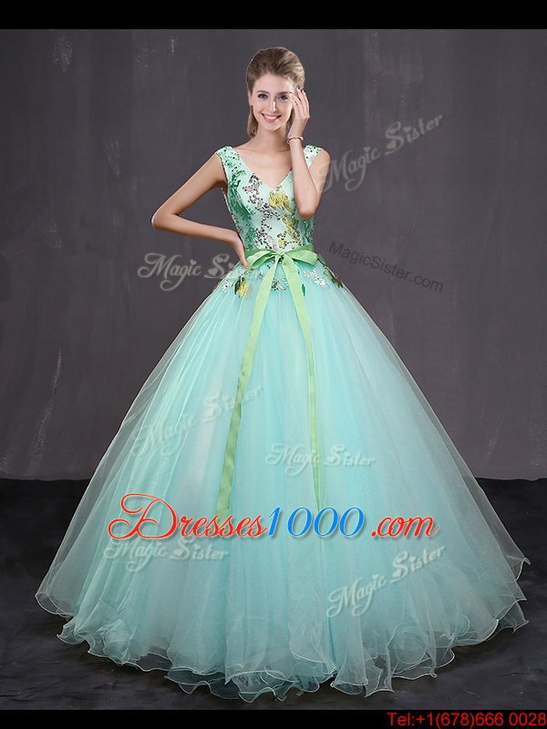 Stunning Aqua Blue Lace Up V-neck Appliques and Belt Quinceanera Dress Tulle Sleeveless