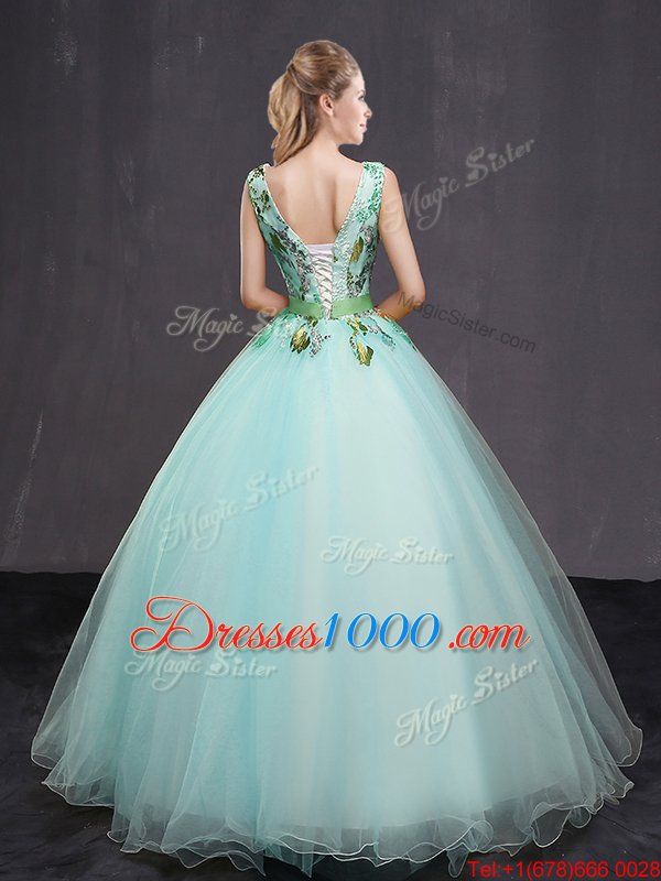 Stunning Aqua Blue Lace Up V-neck Appliques and Belt Quinceanera Dress Tulle Sleeveless