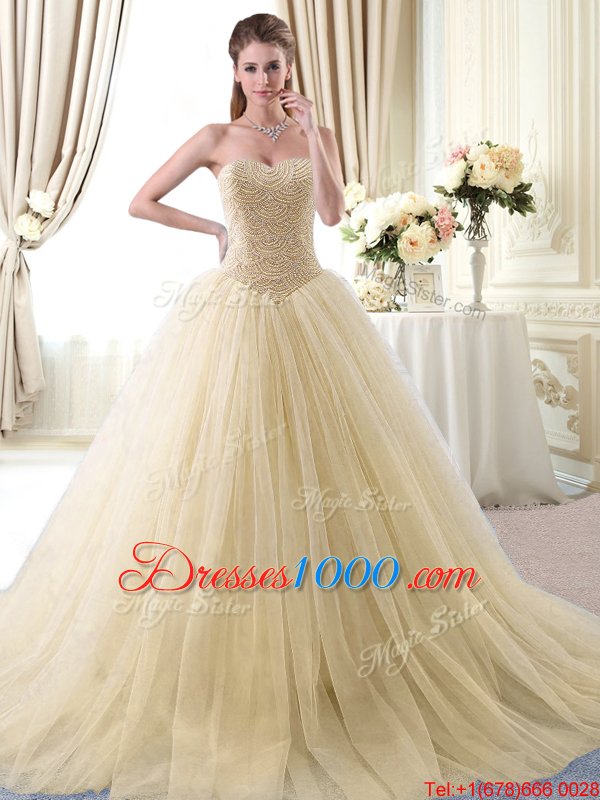 Attractive Gold Sweetheart Neckline Beading Quinceanera Gown Sleeveless Lace Up
