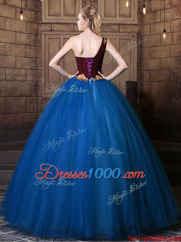 Suitable Blue One Shoulder Lace Up Pattern Sweet 16 Quinceanera Dress Sleeveless
