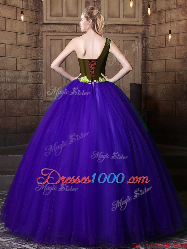 One Shoulder Blue Sleeveless Floor Length Pattern Lace Up Sweet 16 Dress