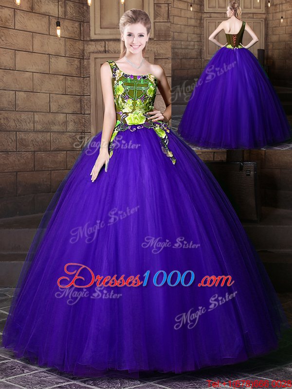 One Shoulder Blue Sleeveless Floor Length Pattern Lace Up Sweet 16 Dress