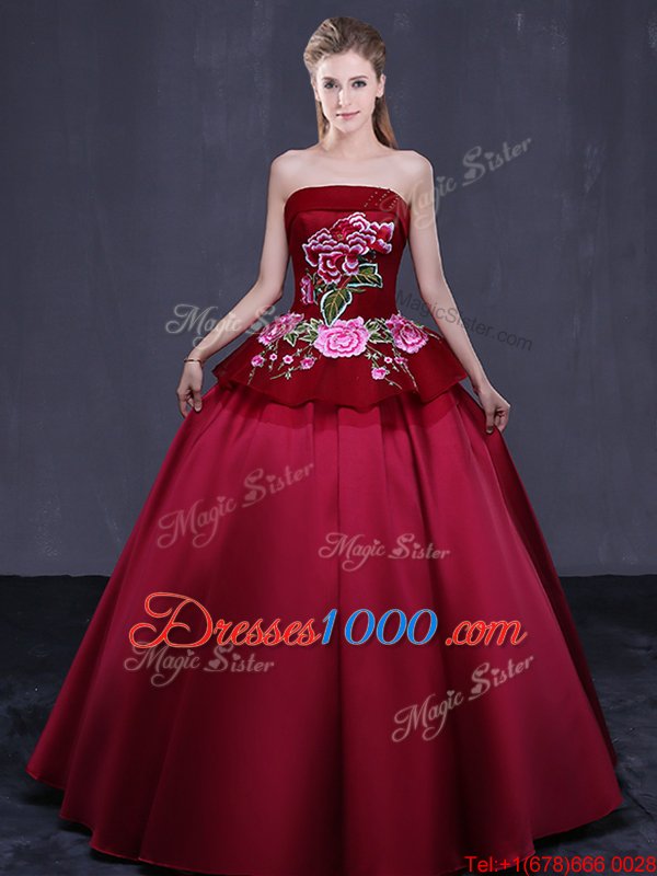 Floor Length Wine Red Vestidos de Quinceanera Satin Sleeveless Embroidery