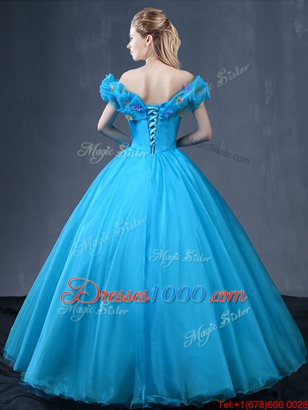 Artistic Off the Shoulder Baby Blue Cap Sleeves Floor Length Appliques Lace Up Sweet 16 Dress