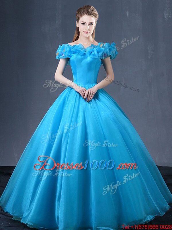 Artistic Off the Shoulder Baby Blue Cap Sleeves Floor Length Appliques Lace Up Sweet 16 Dress