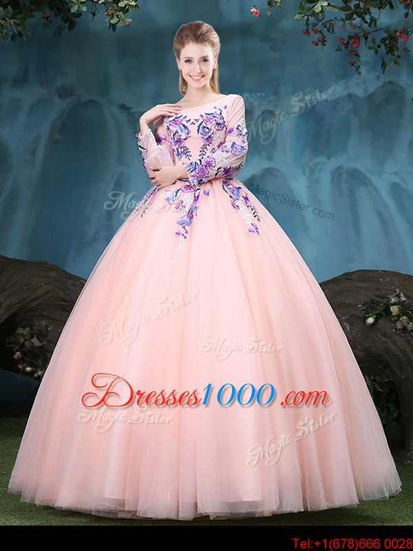 Modern Scoop Floor Length Ball Gowns Long Sleeves Baby Pink Sweet 16 Quinceanera Dress Lace Up