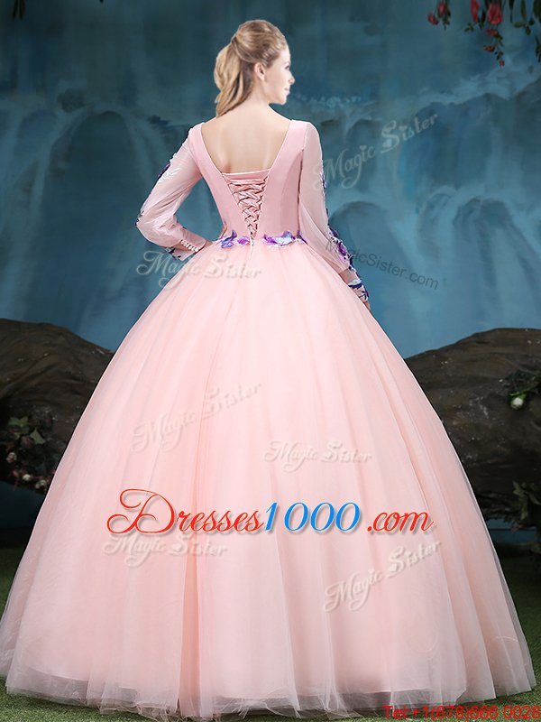 Modern Scoop Floor Length Ball Gowns Long Sleeves Baby Pink Sweet 16 Quinceanera Dress Lace Up