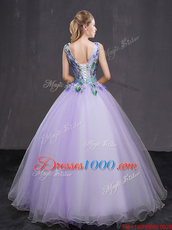 Wonderful Beading and Belt Quince Ball Gowns Lavender Lace Up Sleeveless Floor Length