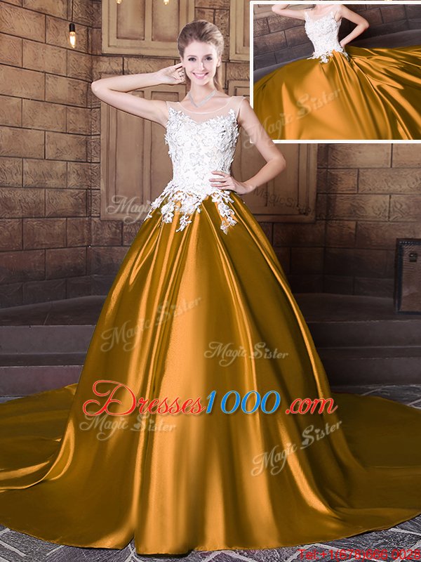 Scoop Lace and Appliques Sweet 16 Quinceanera Dress Gold Lace Up Sleeveless Floor Length Court Train