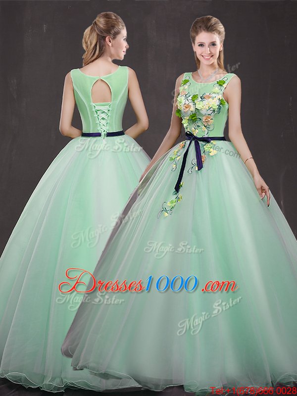 Pretty Scoop Apple Green Organza Lace Up Vestidos de Quinceanera Sleeveless Floor Length Appliques