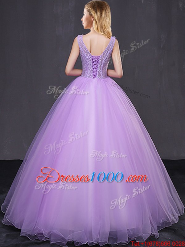Exquisite Scoop Half Sleeves 15th Birthday Dress Floor Length Lace and Appliques Lavender Tulle