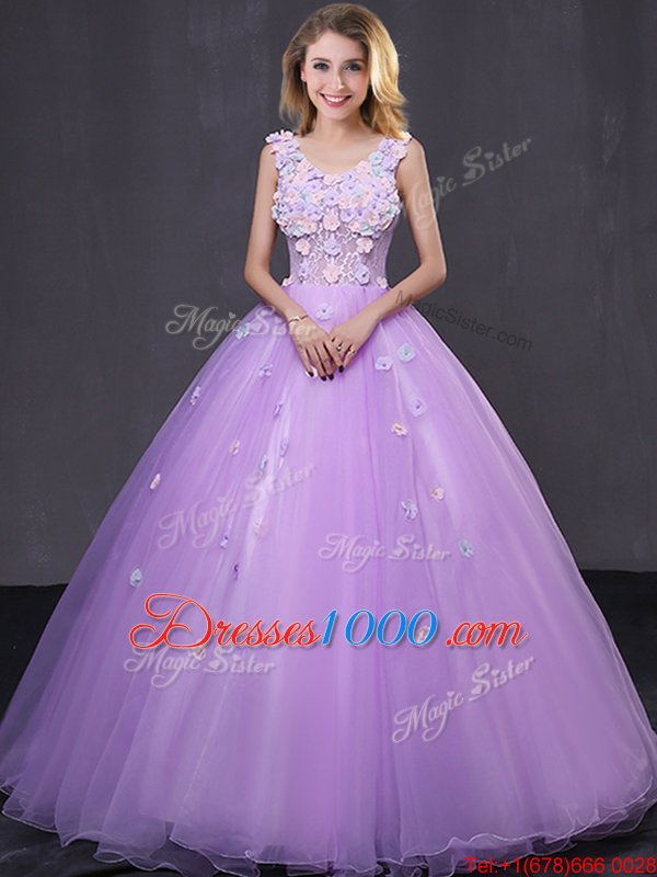 Exquisite Scoop Half Sleeves 15th Birthday Dress Floor Length Lace and Appliques Lavender Tulle