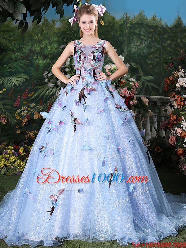 Simple Scoop Appliques Quince Ball Gowns Light Blue Lace Up Sleeveless Floor Length Brush Train