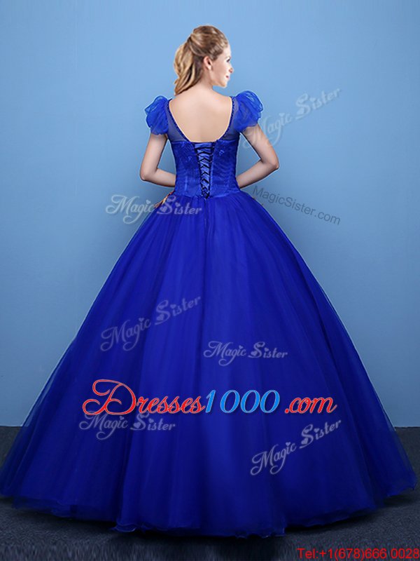 Great Royal Blue Ball Gowns Tulle Scoop Short Sleeves Appliques Floor Length Lace Up Ball Gown Prom Dress