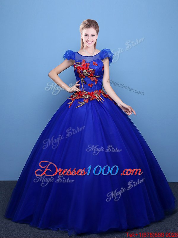 Great Royal Blue Ball Gowns Tulle Scoop Short Sleeves Appliques Floor Length Lace Up Ball Gown Prom Dress