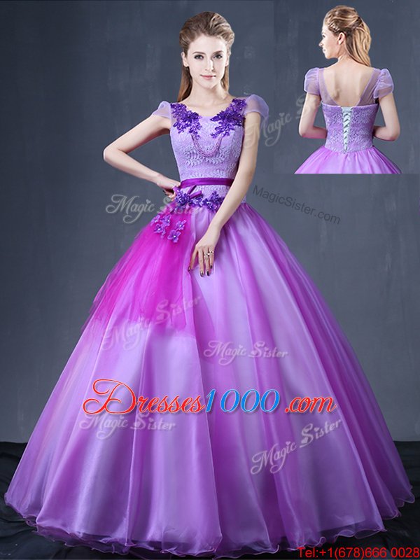 Purple Short Sleeves Organza Lace Up Quinceanera Dress for Military Ball and Sweet 16 and Quinceanera