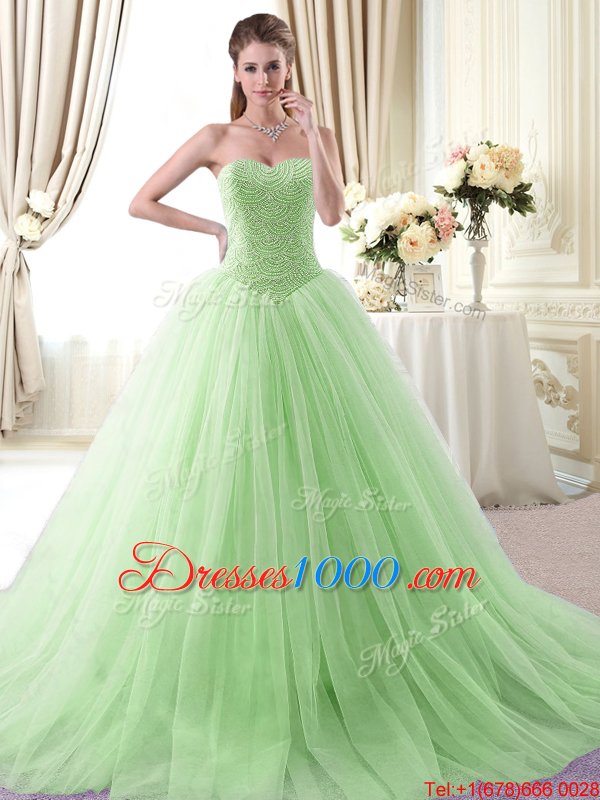 Cheap Apple Green Ball Gowns Tulle Sweetheart Sleeveless Beading With Train Lace Up 15 Quinceanera Dress Brush Train