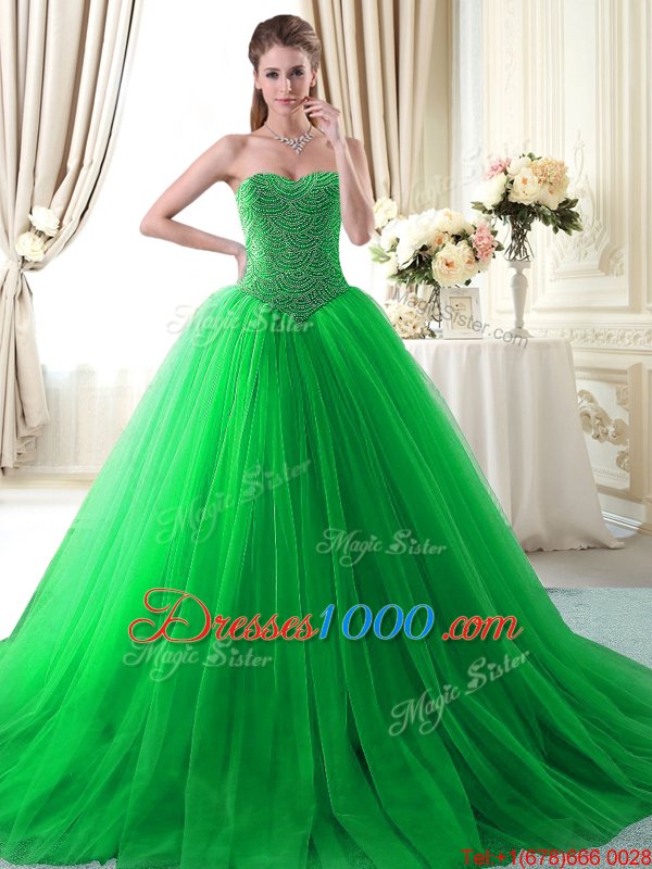 Cheap Apple Green Ball Gowns Tulle Sweetheart Sleeveless Beading With Train Lace Up 15 Quinceanera Dress Brush Train