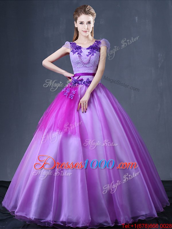 Latest Lace and Appliques Sweet 16 Dress Lavender Lace Up Short Sleeves Floor Length