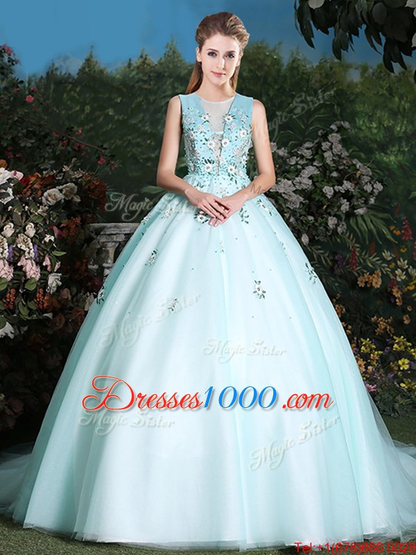 Delicate Scoop Light Blue Sleeveless Tulle Brush Train Lace Up Quinceanera Dress for Military Ball and Sweet 16 and Quinceanera
