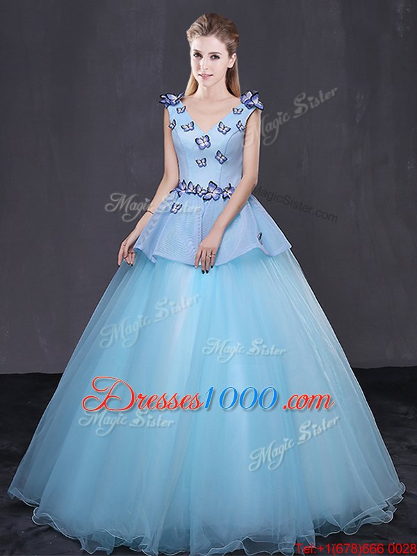 Cute Floor Length Ball Gowns Sleeveless Light Blue Vestidos de Quinceanera Lace Up