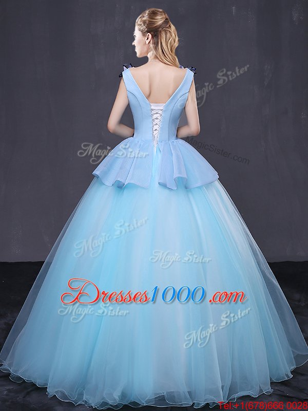Cute Floor Length Ball Gowns Sleeveless Light Blue Vestidos de Quinceanera Lace Up