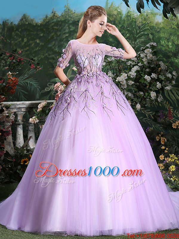 Custom Designed Scoop Short Sleeves Brush Train Backless Quince Ball Gowns Lilac Tulle