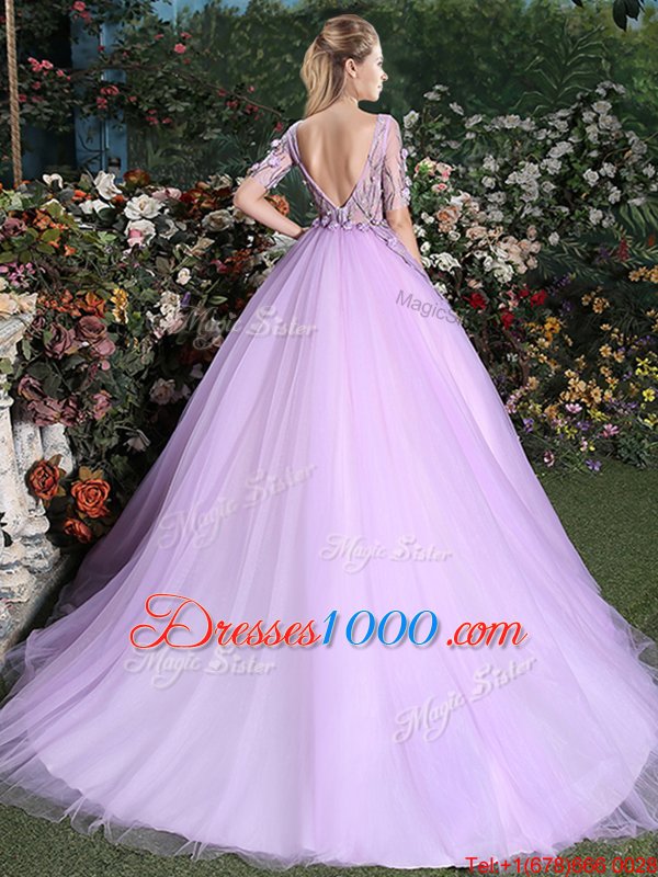 Custom Designed Scoop Short Sleeves Brush Train Backless Quince Ball Gowns Lilac Tulle