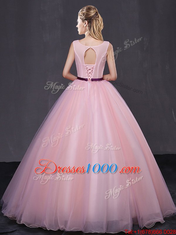 High End Scoop Baby Pink Ball Gowns Appliques 15 Quinceanera Dress Lace Up Tulle Sleeveless Floor Length