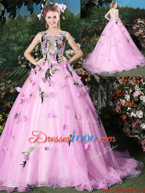 Inexpensive Scoop Organza Sleeveless Vestidos de Quinceanera Brush Train and Appliques