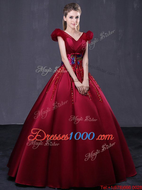 Cap Sleeves Floor Length Appliques Lace Up Quince Ball Gowns with Wine Red
