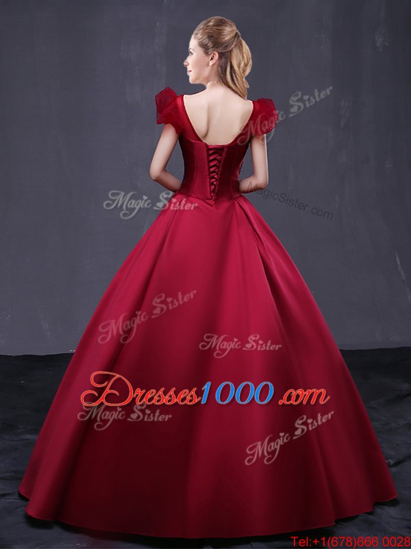 Cap Sleeves Floor Length Appliques Lace Up Quince Ball Gowns with Wine Red