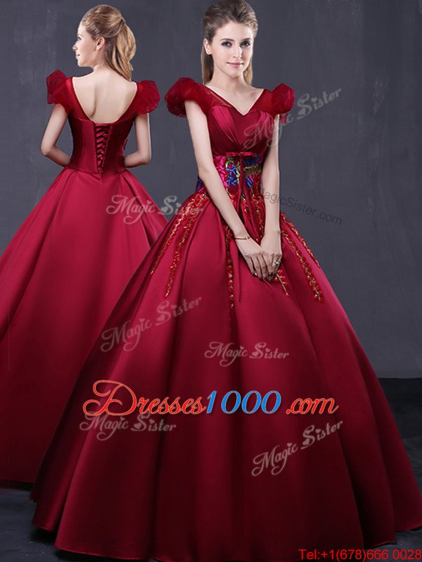Cap Sleeves Floor Length Appliques Lace Up Quince Ball Gowns with Wine Red