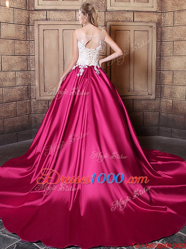Scoop Sleeveless Elastic Woven Satin Quince Ball Gowns Lace and Appliques Court Train Lace Up