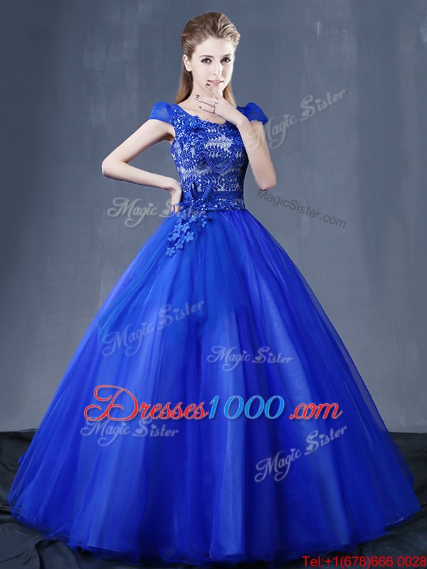 Royal Blue Lace Up Sweet 16 Dresses Lace and Appliques Short Sleeves Floor Length