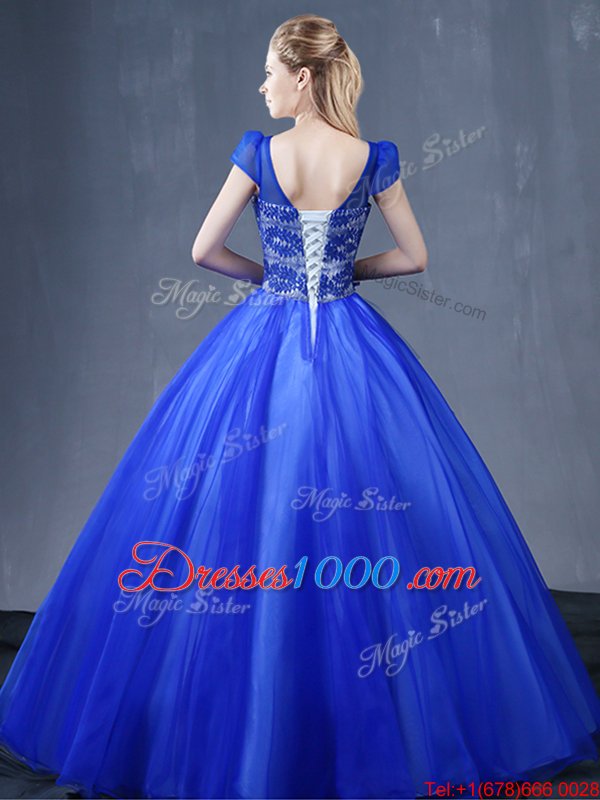 Royal Blue Lace Up Sweet 16 Dresses Lace and Appliques Short Sleeves Floor Length