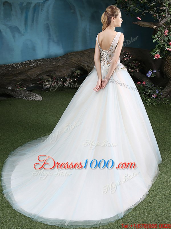 Fabulous White Sleeveless Tulle Brush Train Lace Up Sweet 16 Dresses for Military Ball and Sweet 16 and Quinceanera