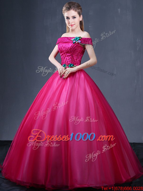 Classical Tulle Off The Shoulder Sleeveless Lace Up Beading and Appliques Vestidos de Quinceanera in Fuchsia