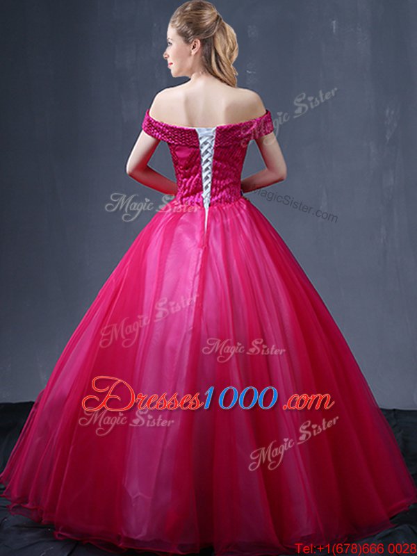 Classical Tulle Off The Shoulder Sleeveless Lace Up Beading and Appliques Vestidos de Quinceanera in Fuchsia
