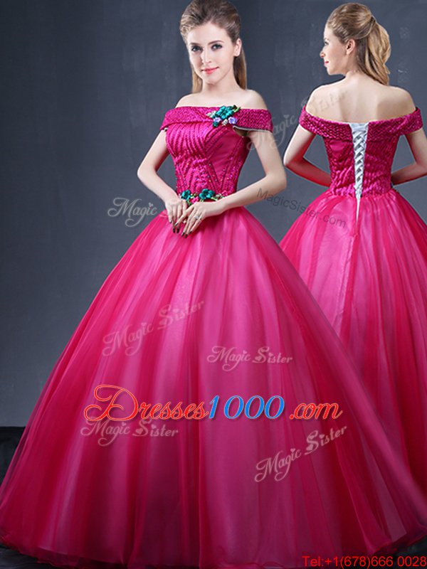 Classical Tulle Off The Shoulder Sleeveless Lace Up Beading and Appliques Vestidos de Quinceanera in Fuchsia
