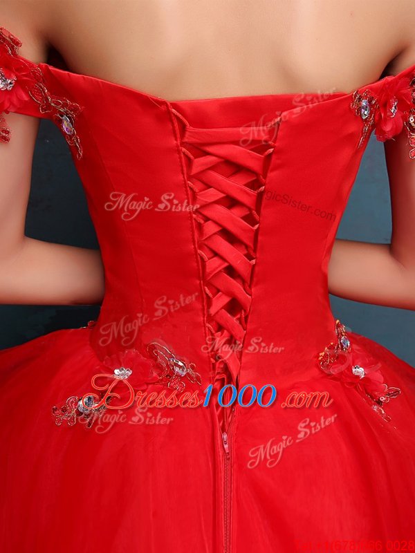 Off the Shoulder Sleeveless Tulle Floor Length Lace Up 15th Birthday Dress in Red for with Beading and Appliques and Ruffles