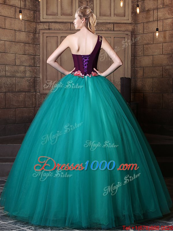 Ball Gowns 15 Quinceanera Dress Teal One Shoulder Tulle Sleeveless Floor Length Lace Up