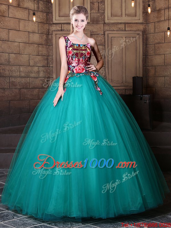 Ball Gowns 15 Quinceanera Dress Teal One Shoulder Tulle Sleeveless Floor Length Lace Up
